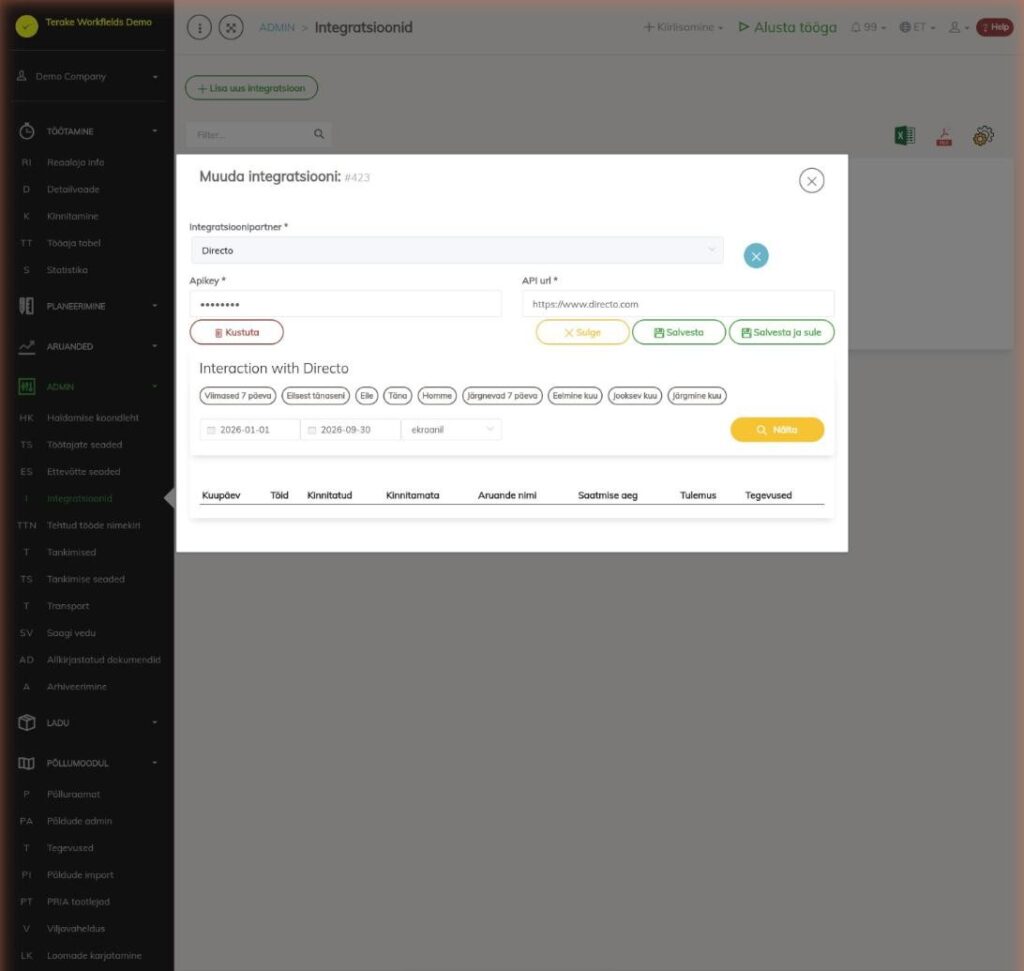 Directo integratsiooni vorm ja Directoga andmevahetuse tabel