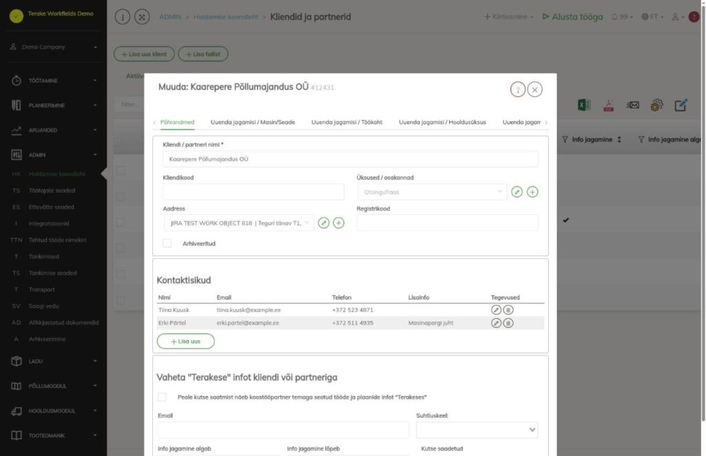 Kliendi muutmise aken, sakk Põhiandmed