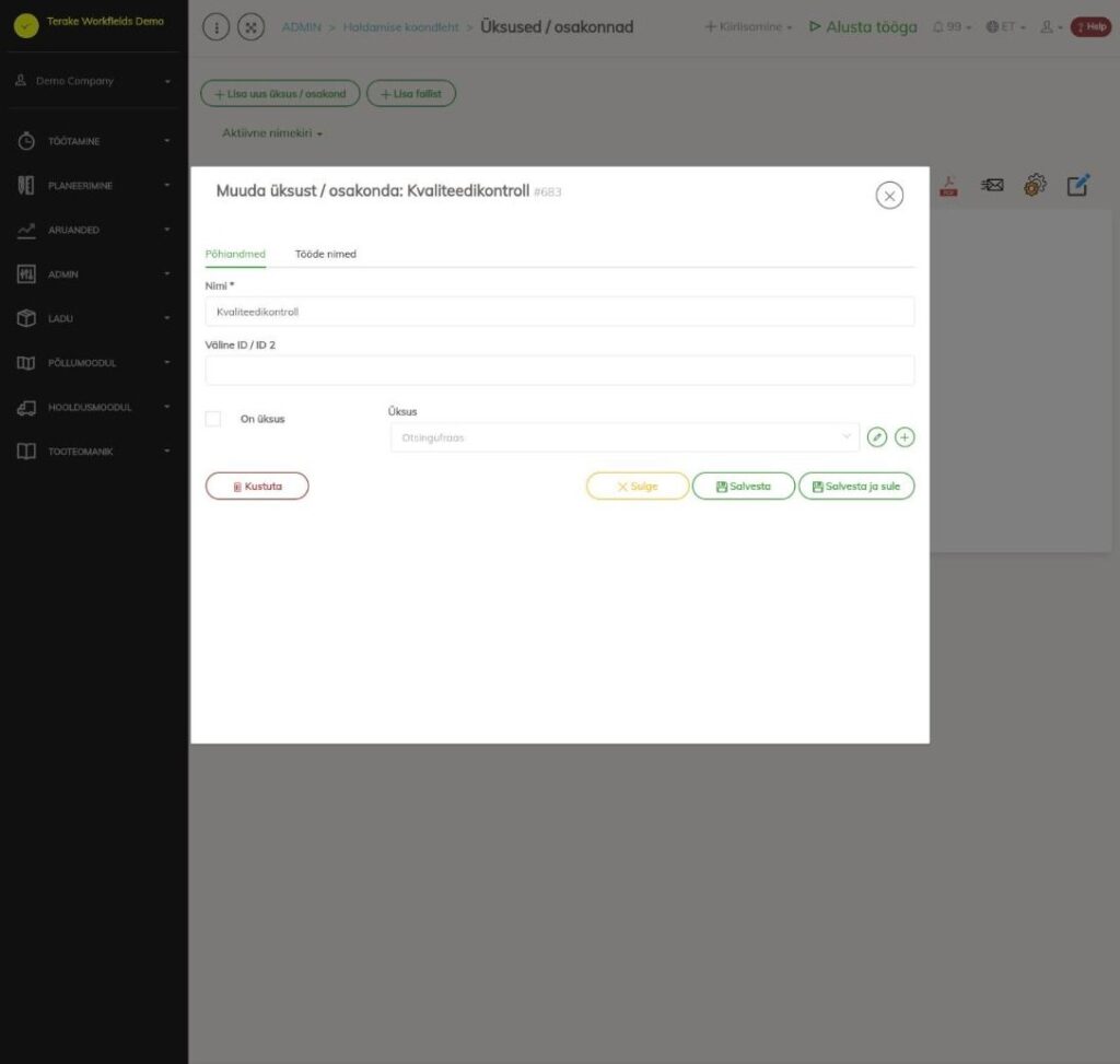 Üksuse muutmise aken, sakk Põhiandmed