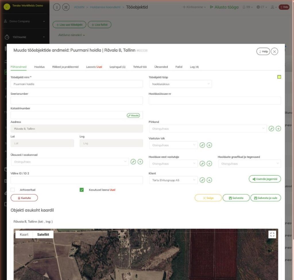 Tööobjekti muutmise aken, sakk Põhiandmed