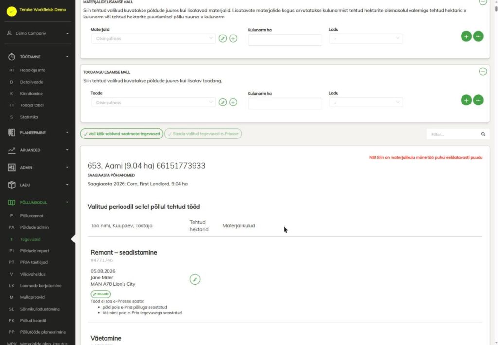 Põllu kaart tööde ja e-PRIA saatmise olekuga