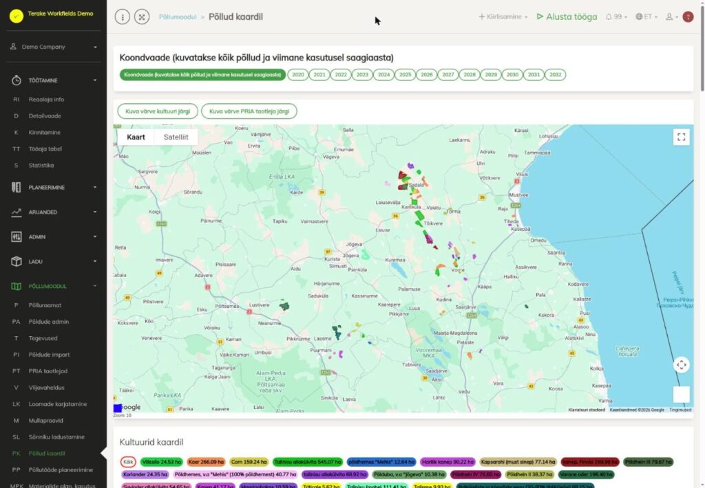 Põllud kaardil kultuuride järgi värvituna