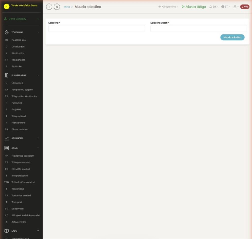 Salasõna muutmise vorm väljadega „Salasõna” ja „Salasõna uuesti”