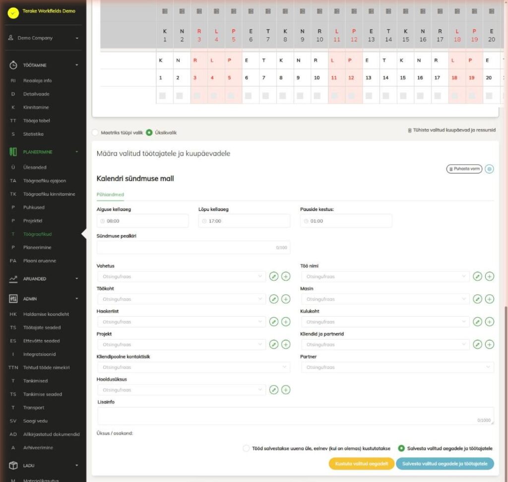 Plokk „Määra valitud töötajatele ja kuupäevadele” graafiku malliga