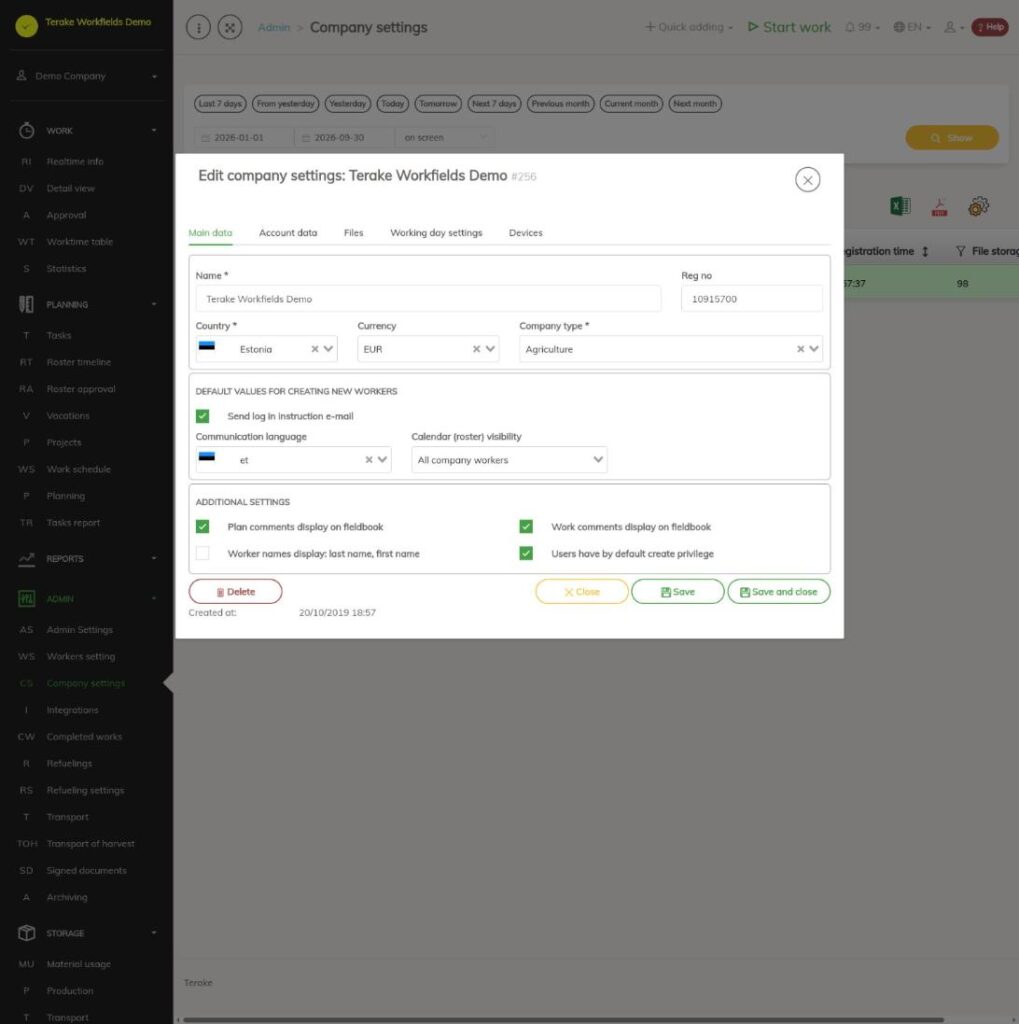 Окно «Изменить настройки компании», вкладка «Основные данные»