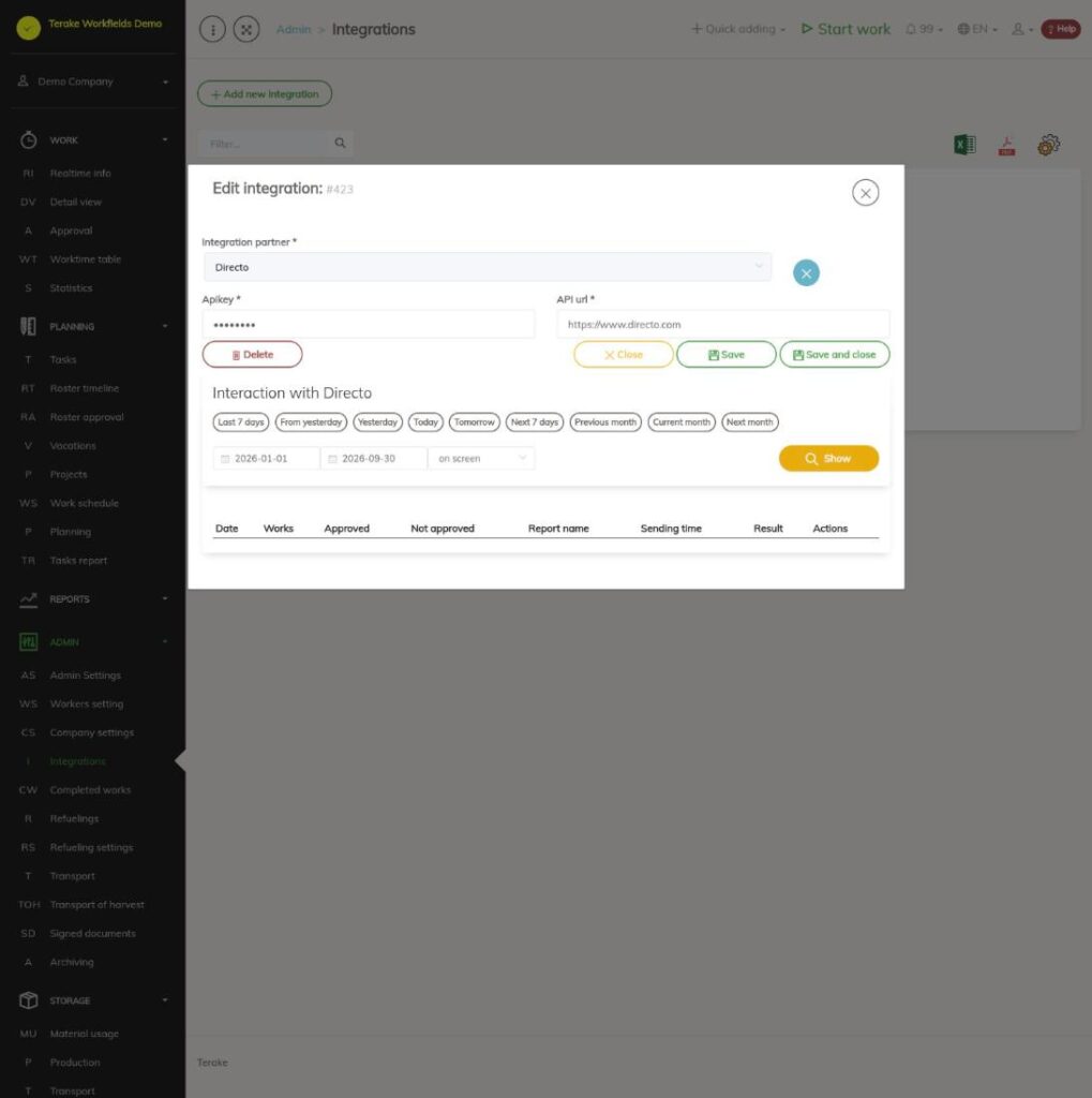 Форма интеграции с Directo и таблица обмена данными с Directo