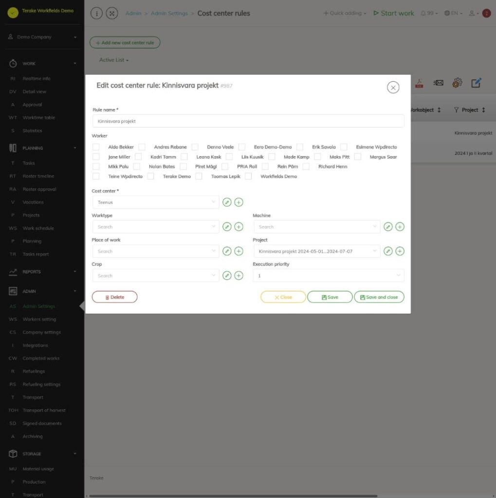Cost center rule edit window