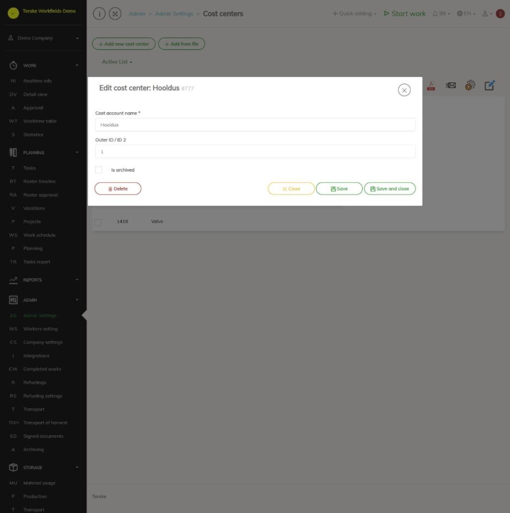 Cost center edit window