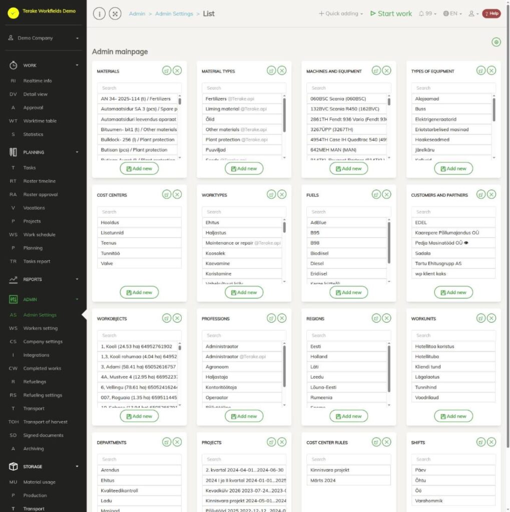 Admin Settings page with cards