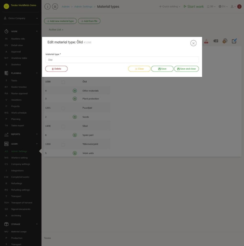 Material type edit window