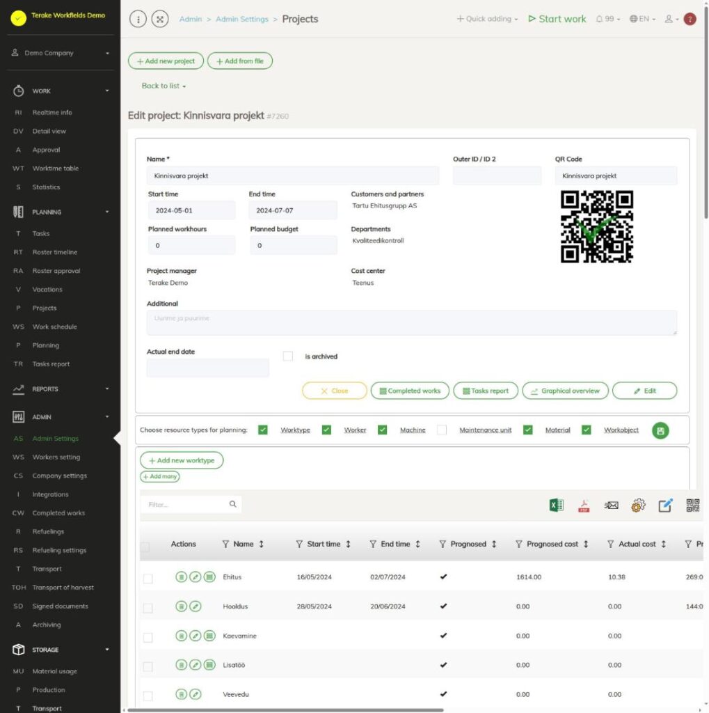 Project view with resources to plan