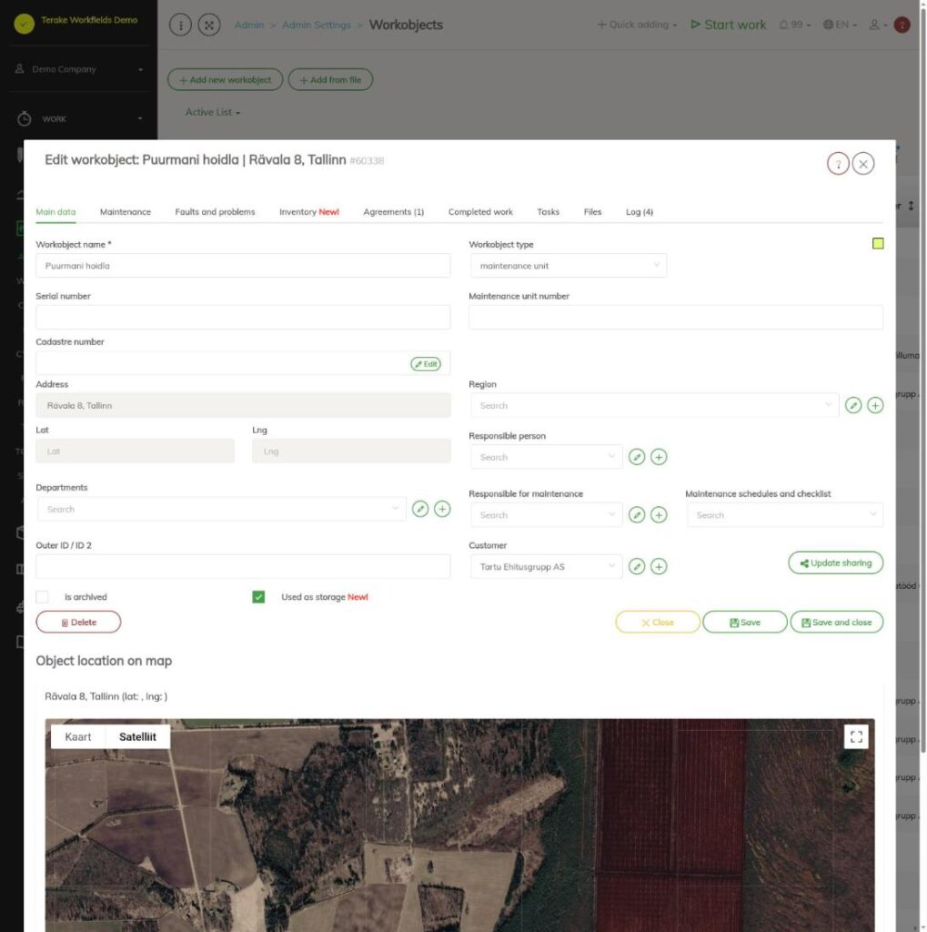 Workobject edit window, Main data tab