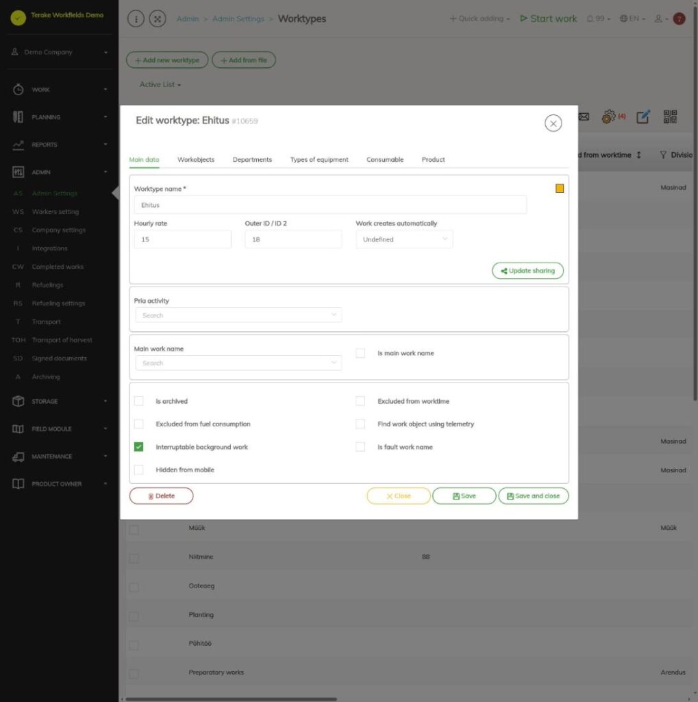 Worktype edit window, Main data tab