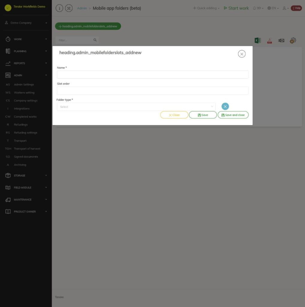 Форма добавления папки мобильного приложения