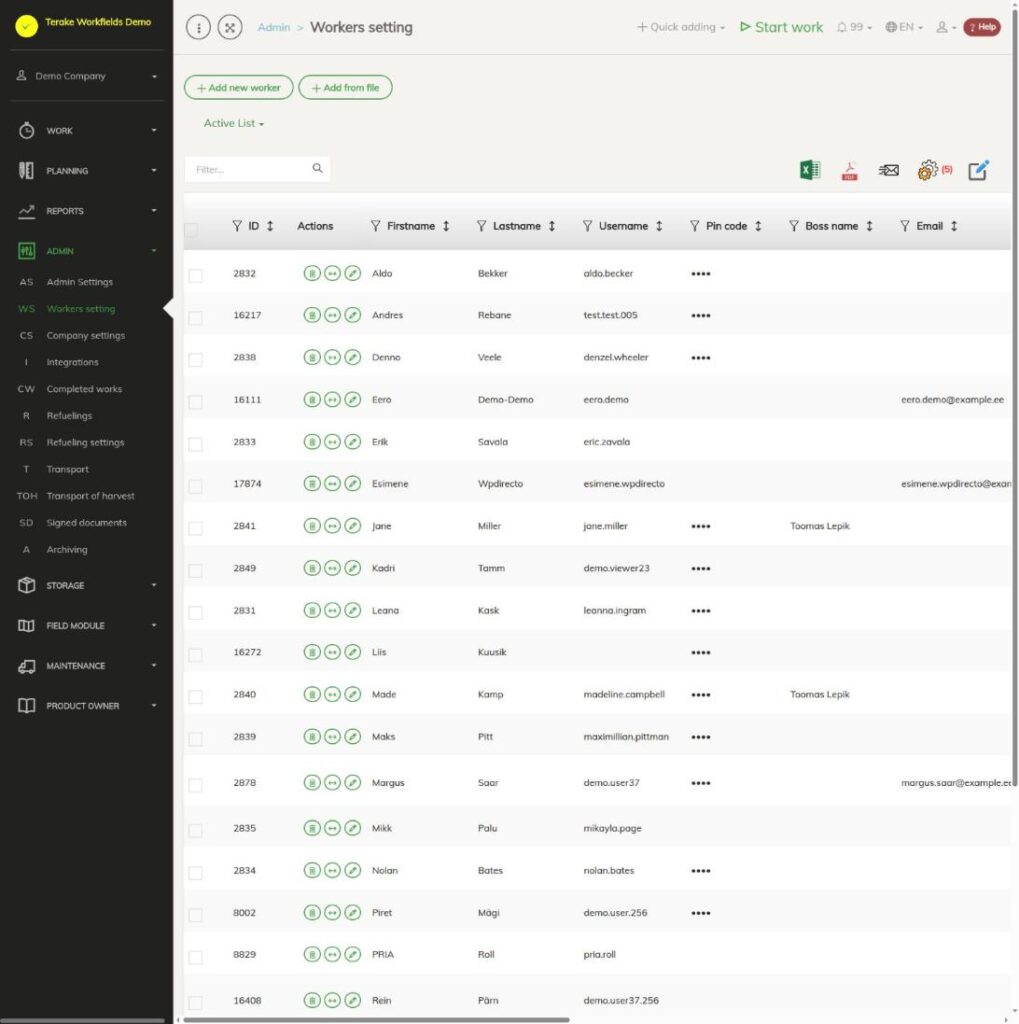 Список настроек работников
