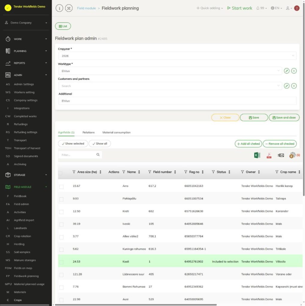 Fieldwork plan admin, main data and Agrifields tab
