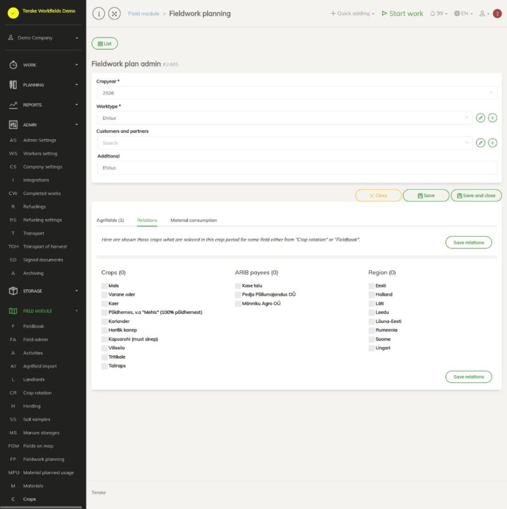 Relations tab: crops, PRIA applicants and regions