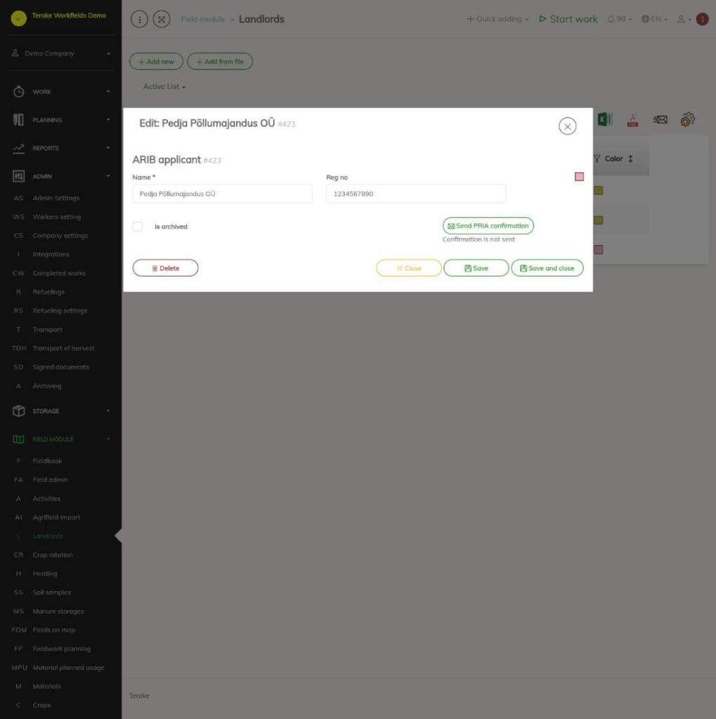 PRIA applicant form with the Send PRIA confirmation button