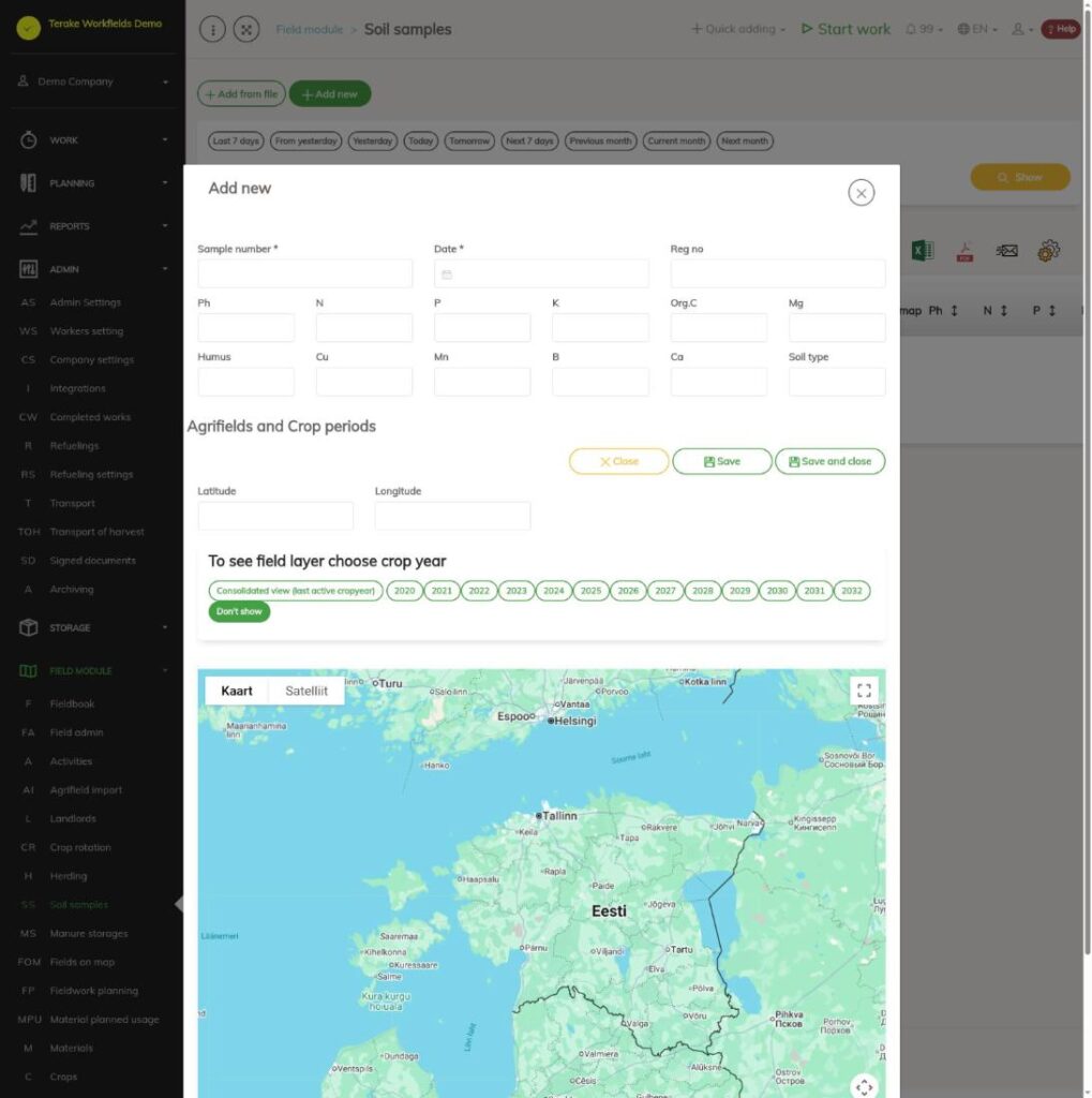 Форма нового образца почвы с картой