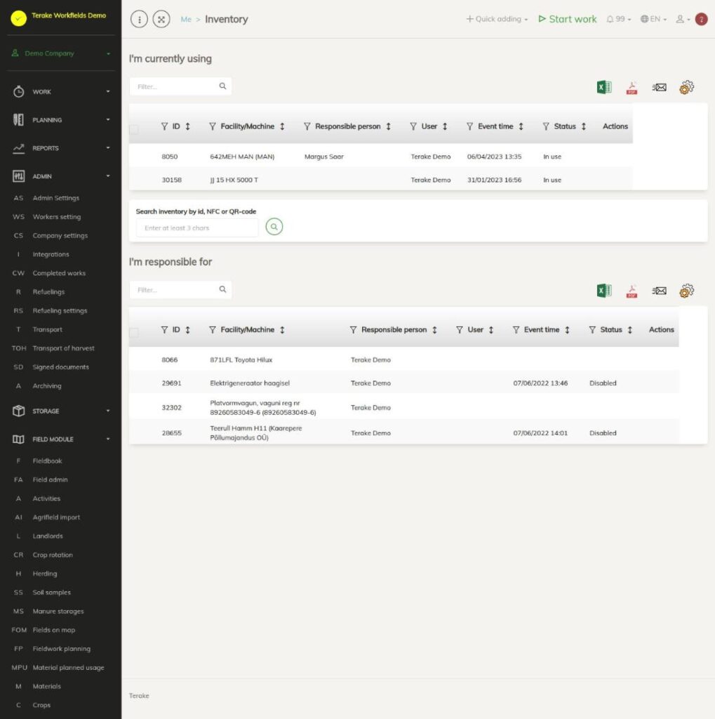 Inventory page: the tables I'm currently using and I'm responsible for, with a search field between them
