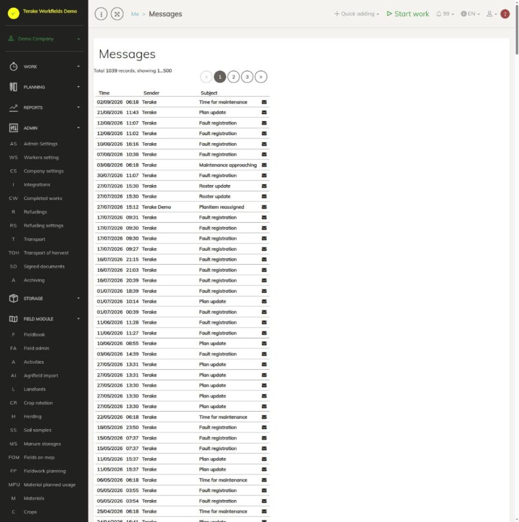 Messages page: the list of messages on the left with the columns Time, Sender and Subject