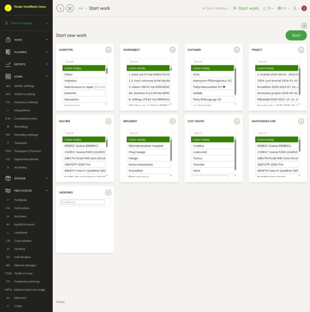 Start new work: selection cards and the Start button
