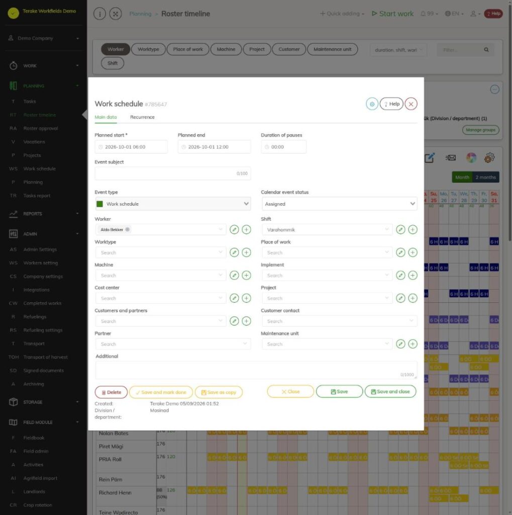 Форма события графика работы