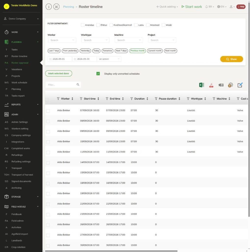 Таблица утверждения графика работы