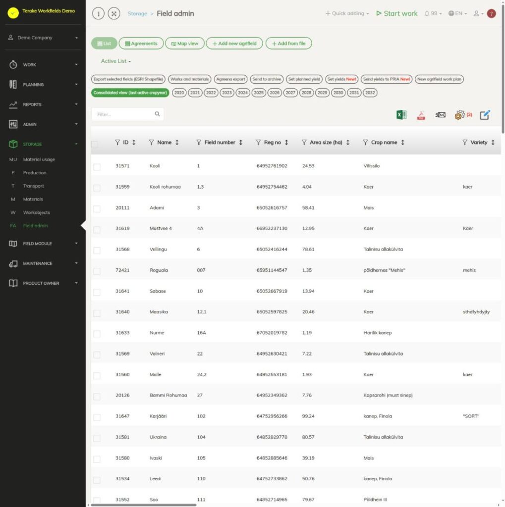 List of fields in the storage module