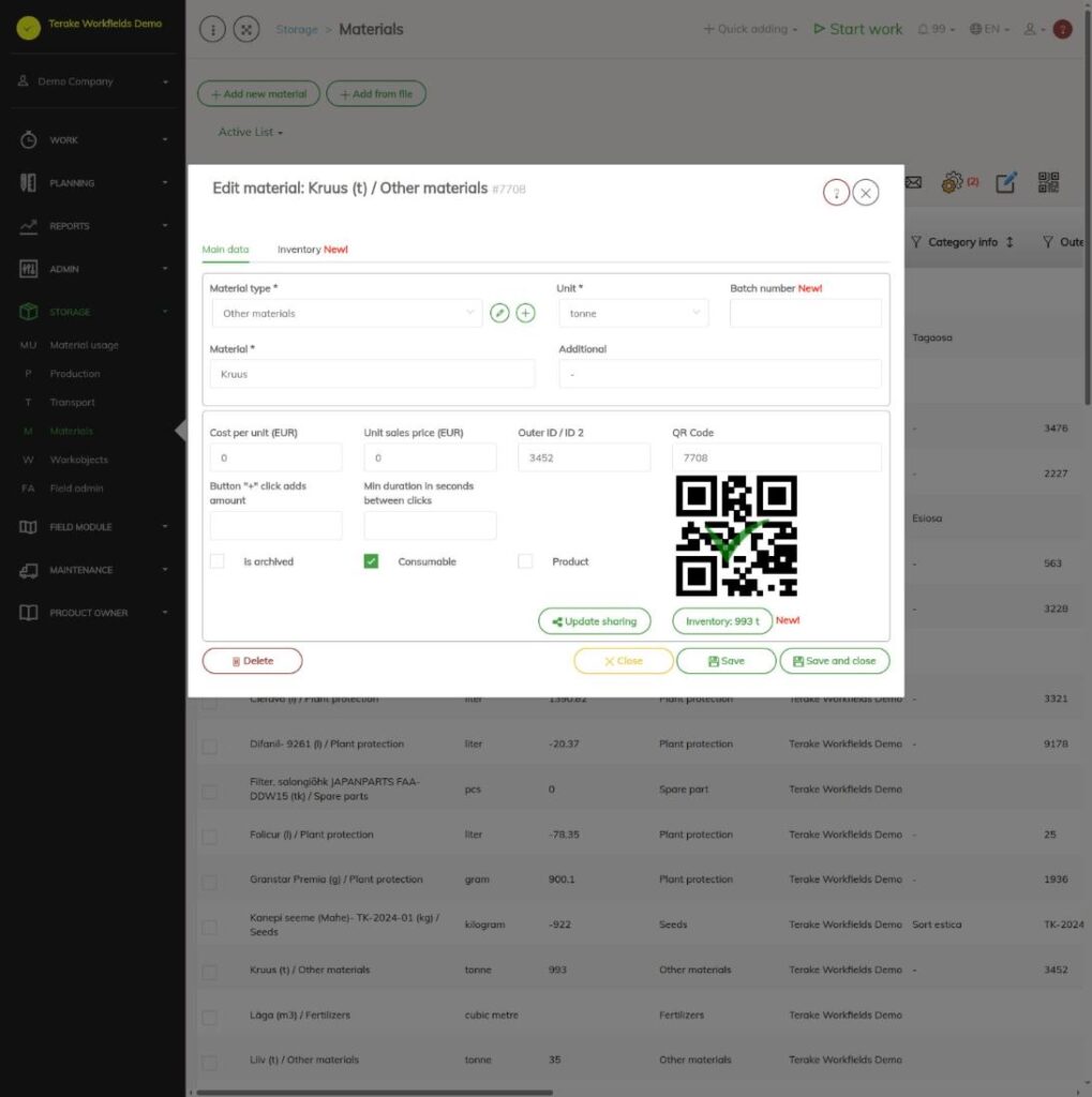 Material window, Main data tab