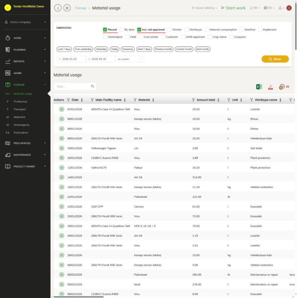 Material usage report in the storage module