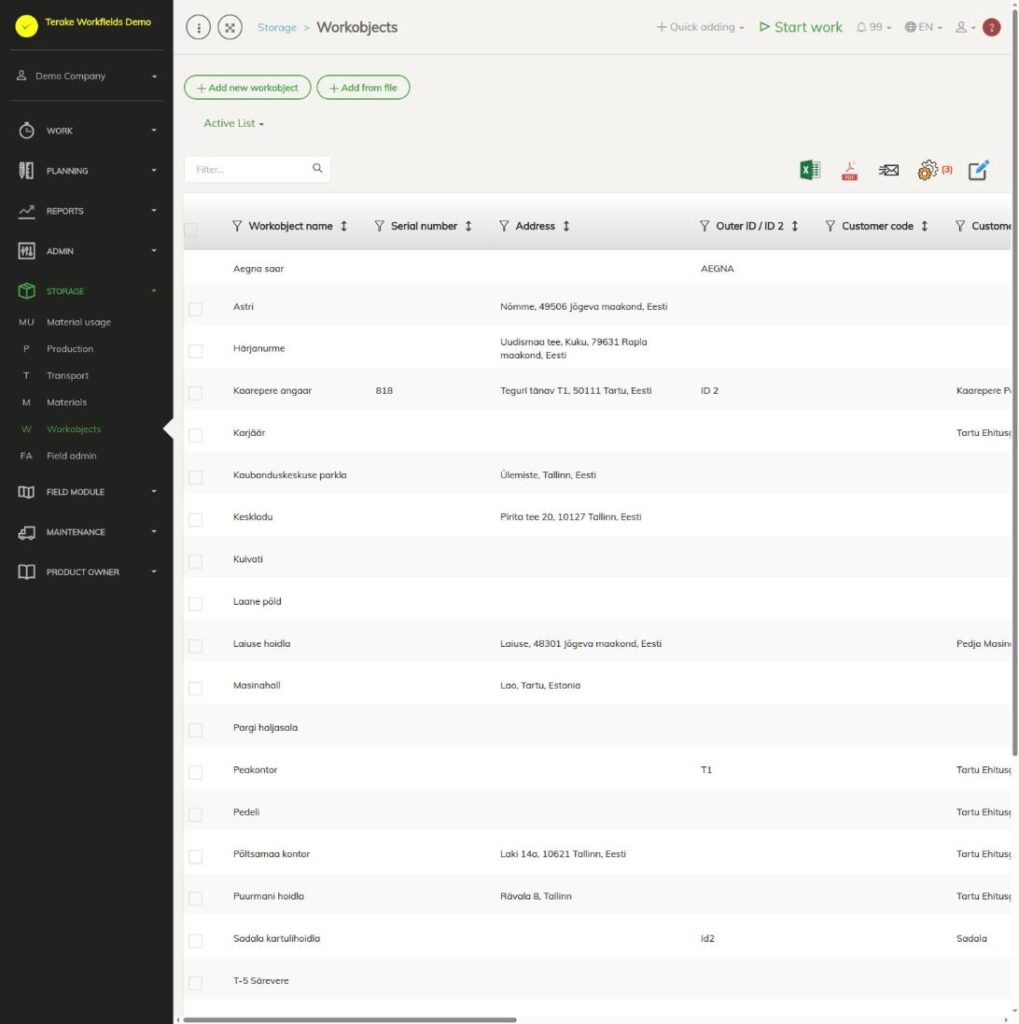 List of work objects in the storage module