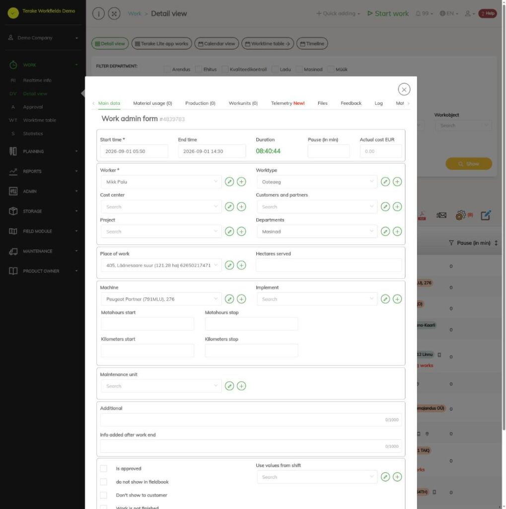Форма добавления и изменения работы, вкладка «Основные данные»