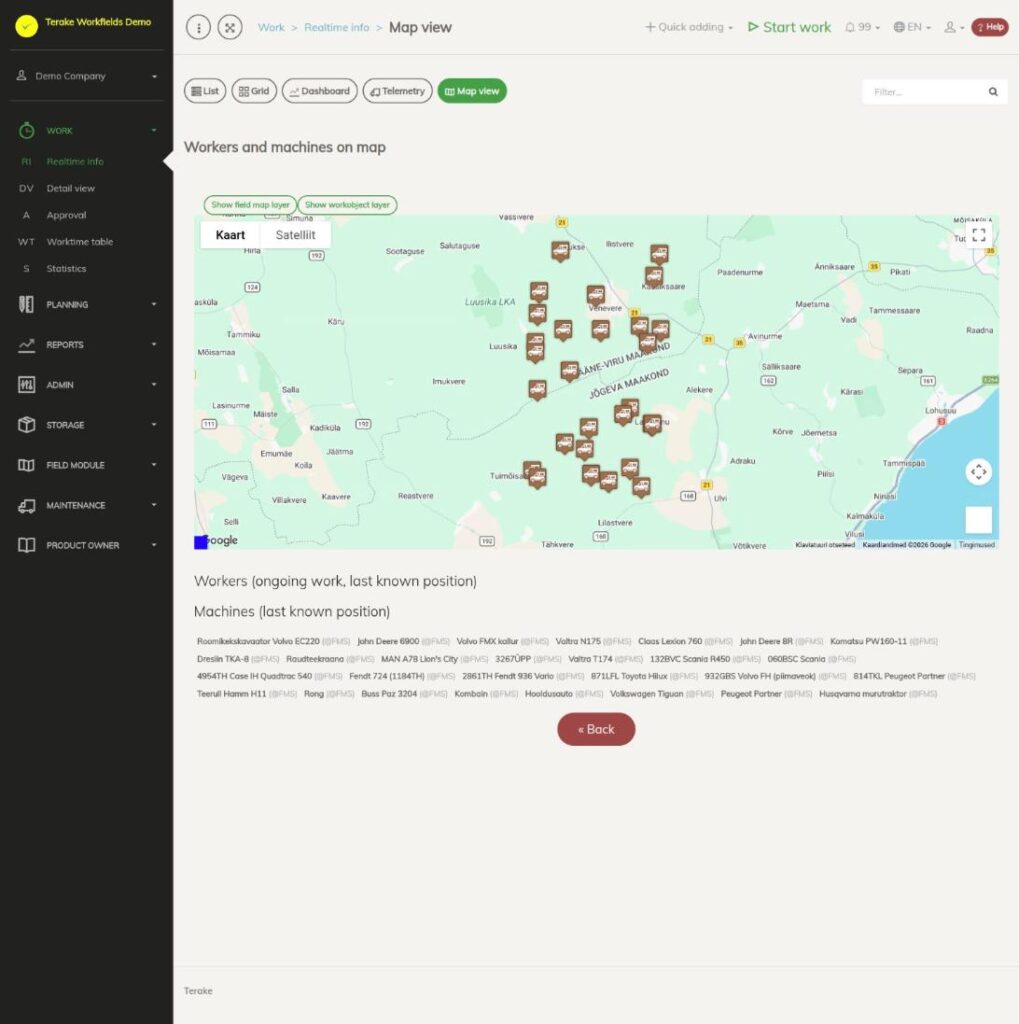 Просмотр карты: работники и машины на карте, под картой список работников и машин