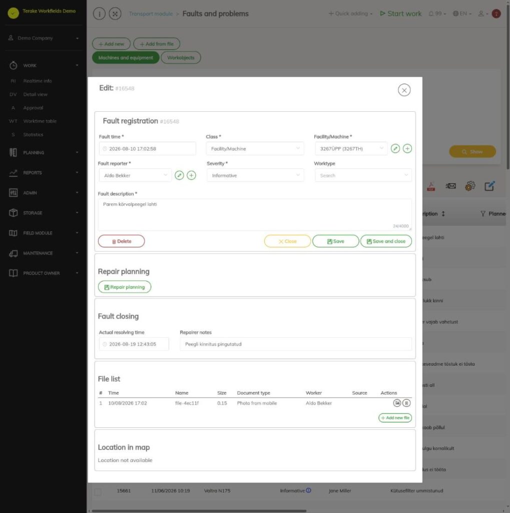 Fault window: registering, repair planning and closing