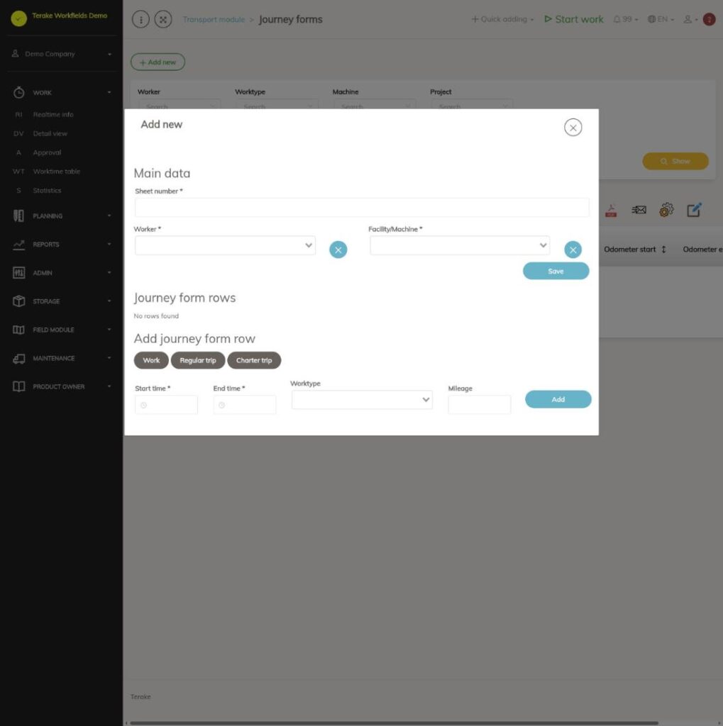 Journey form window, main data and adding rows