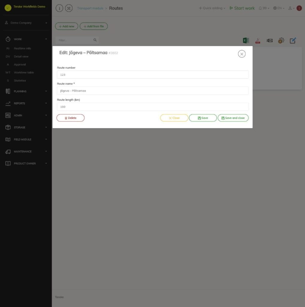 Window for editing a route
