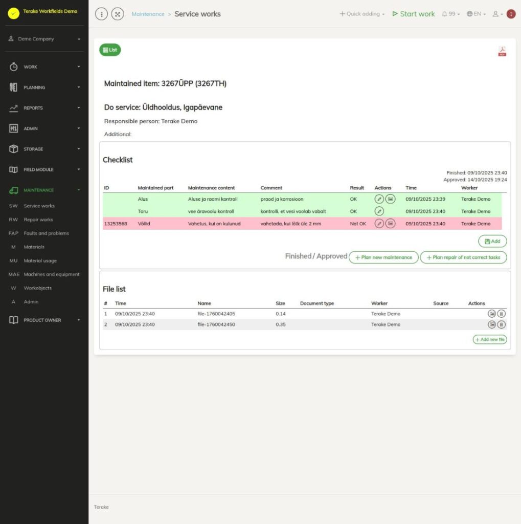 View for carrying out a maintenance with checklist and files