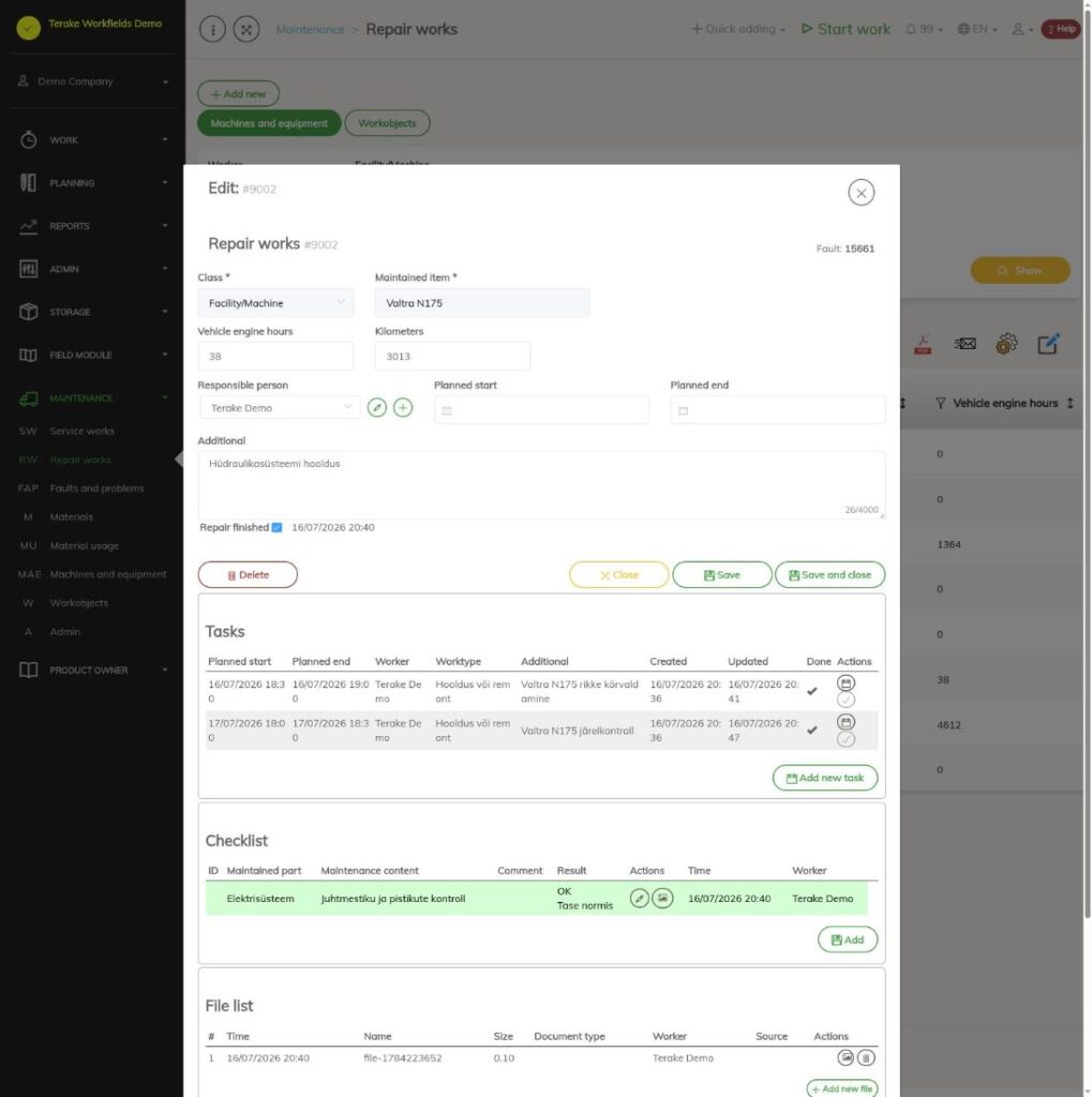 Repair edit window with assignments and checklist