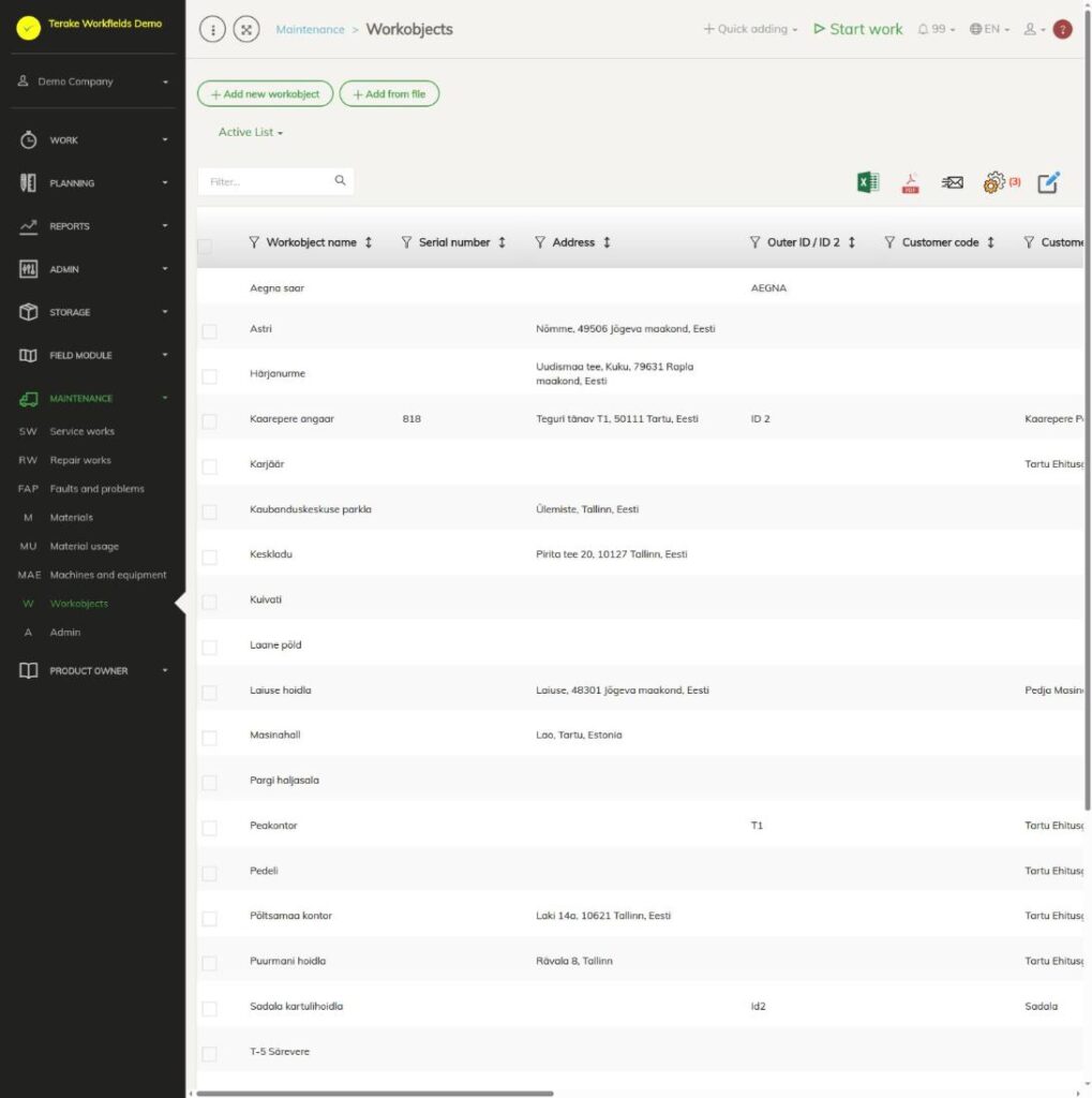List of work objects in the maintenance module