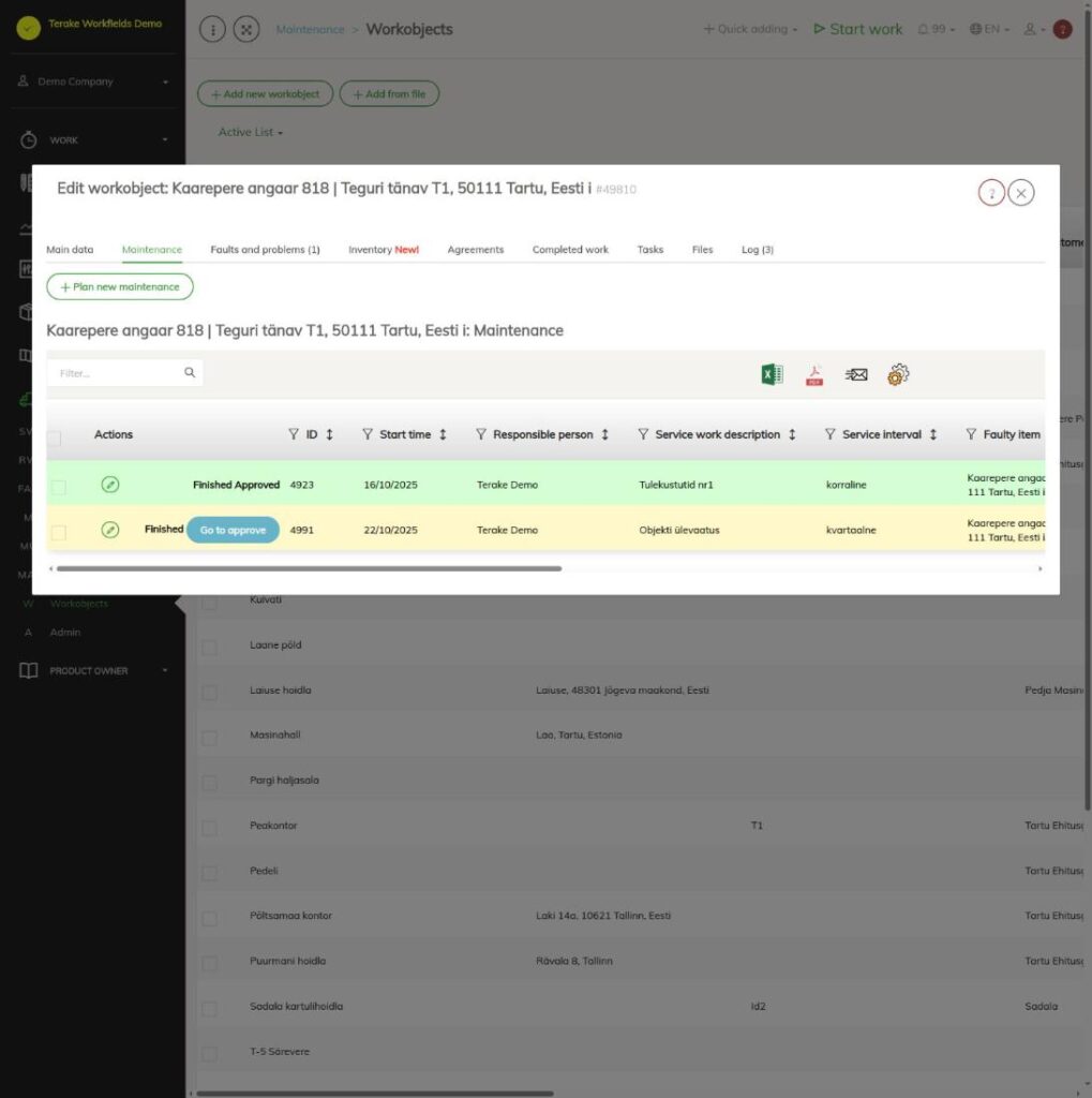 Work object Maintenance tab